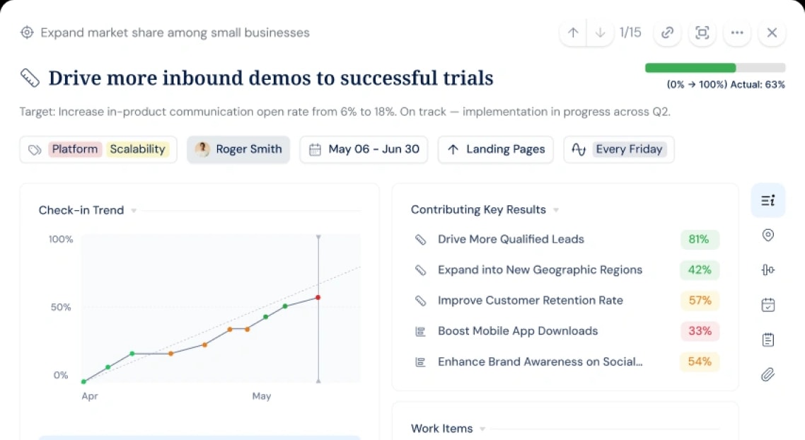 OKR software dashboard showing cascaded objectives and key results