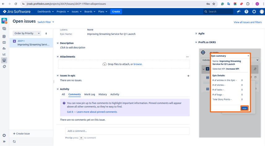 Create a Jira Epic as a Sub-Key Result screenshot 3