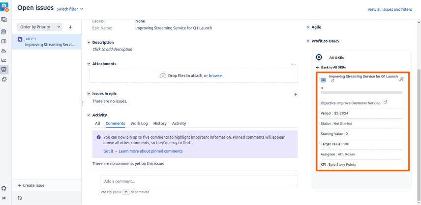 Create a Jira Epic as a Sub-Key Result screenshot 4