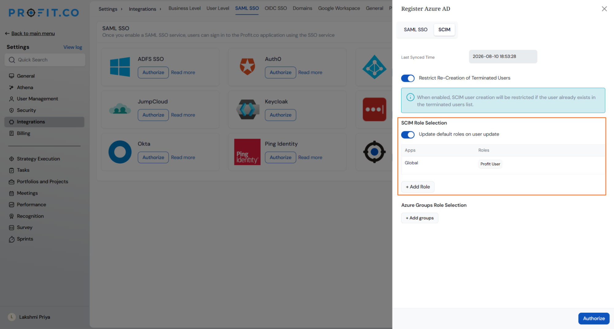 Default Role Sync Based on Configuration in Profit.co screenshot