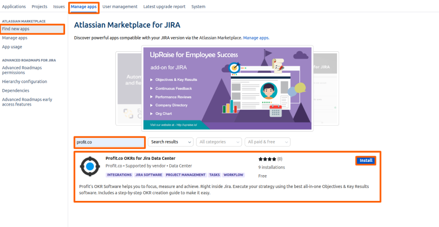 Install Profit.co OKR Software app in Jira software screenshot 1