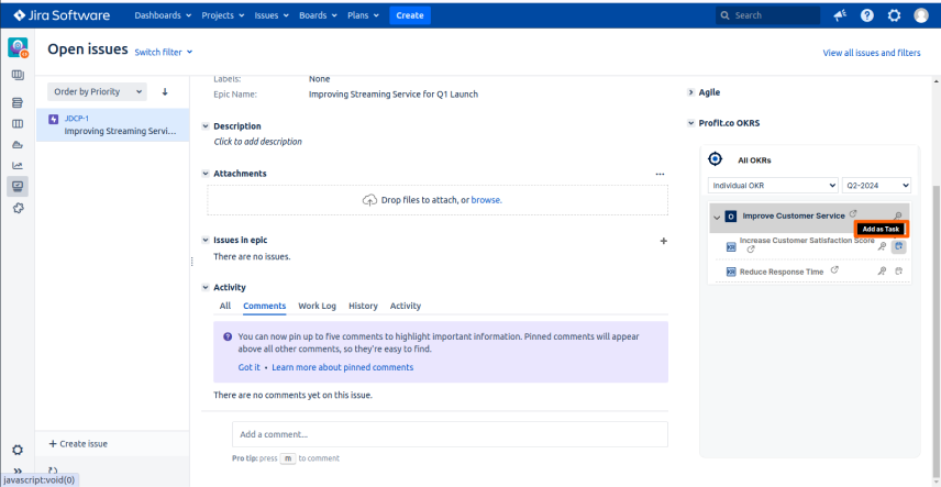 Create a Jira Epic as a Task screenshot 1