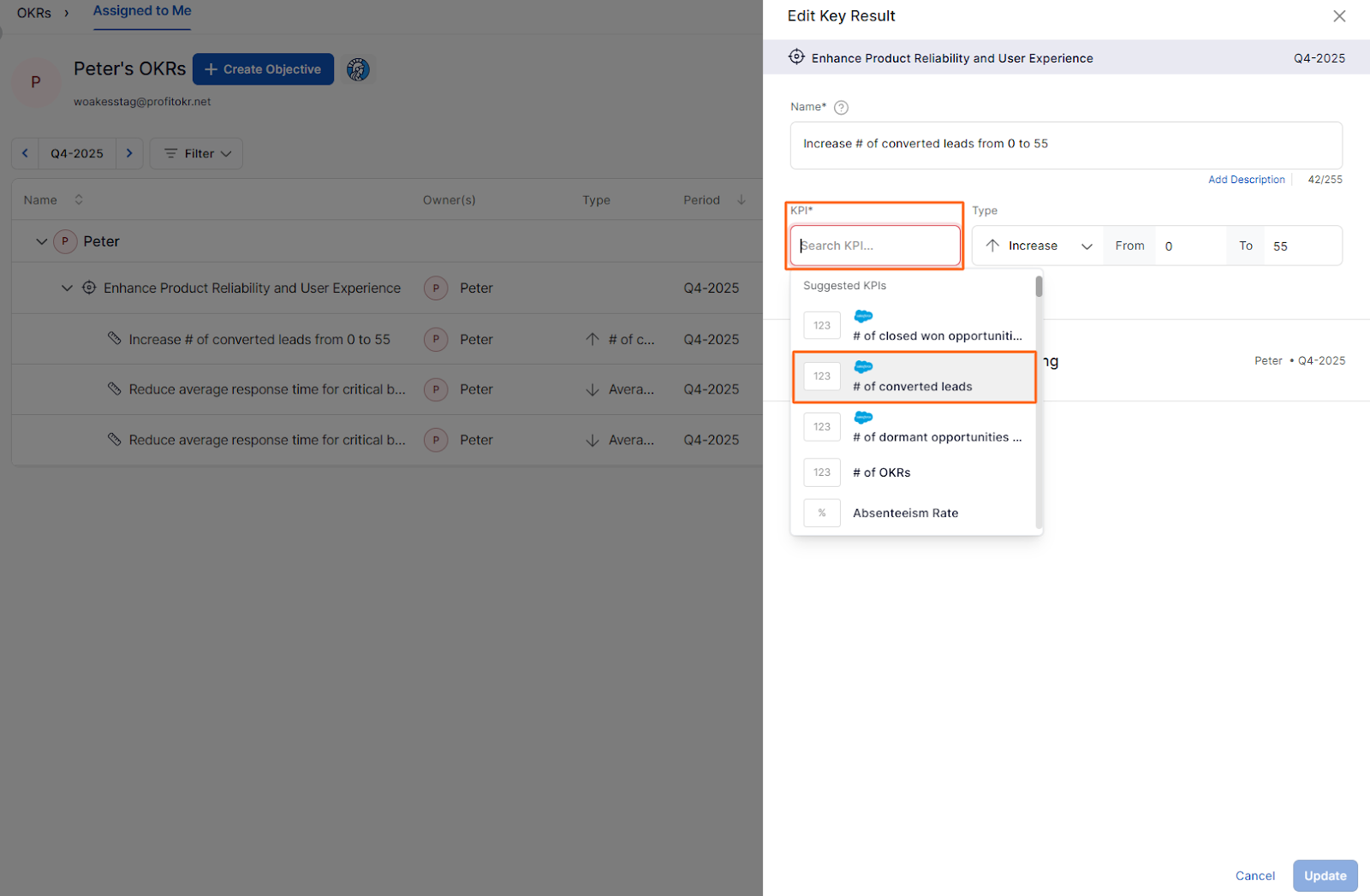 How do you use a Salesforce KPI in a Key Result? screenshot 1