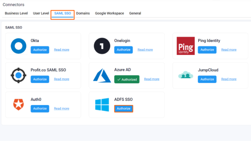 To enable ADFS Single Sign-On: screenshot 2